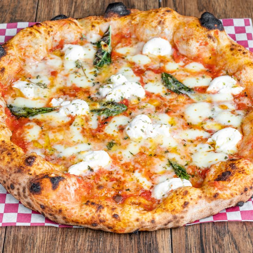 A whole Blue Boy Pizza with tomato sauce, melted mozzarella, dollops of ricotta, and basil.